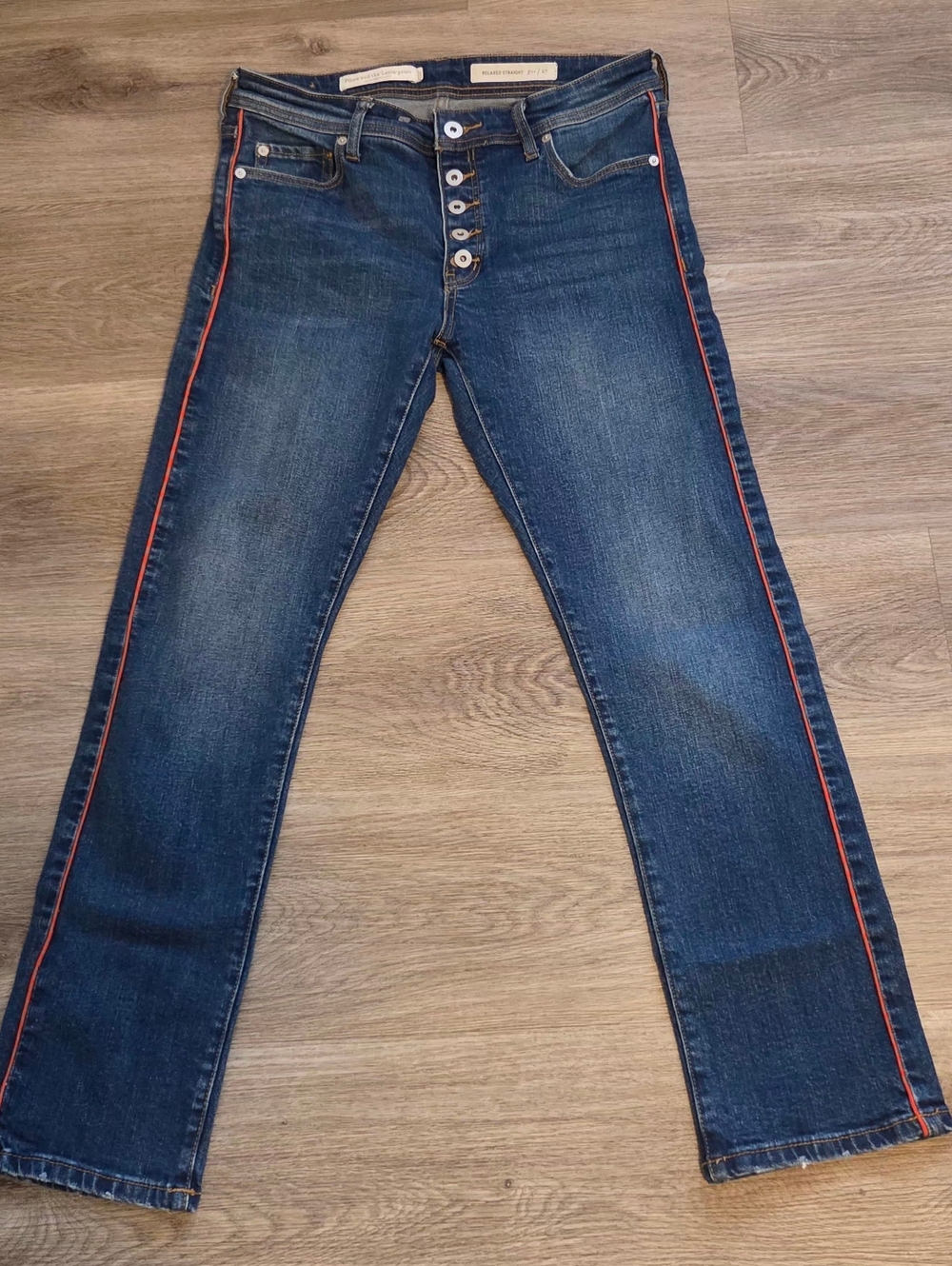 Pilcro Straight-Leg Jeans in Dark Blue with Red Side Stripe
